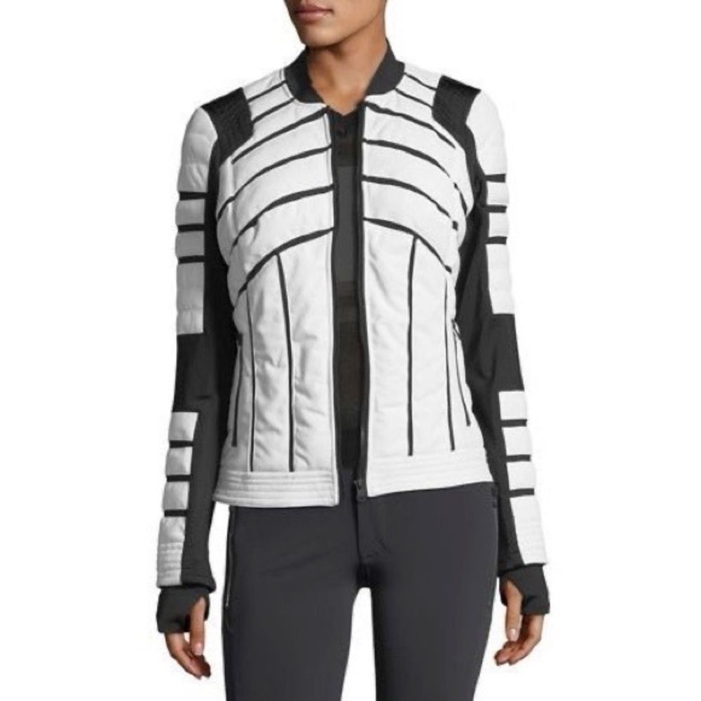 Black and White Geometric Ski Jacket with Stand-Up Collar